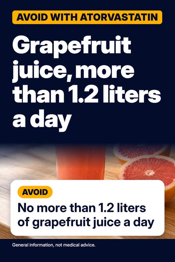 Pin titled grapefruit juice, avoid more than 1.2 liters a day, over a glass of pink grapefruit juice and halved grapefruits