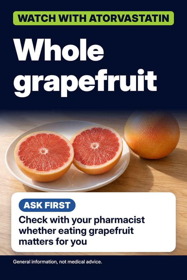 Pin titled whole grapefruit with the advice ask first, over a plate of halved pink grapefruit and one whole grapefruit