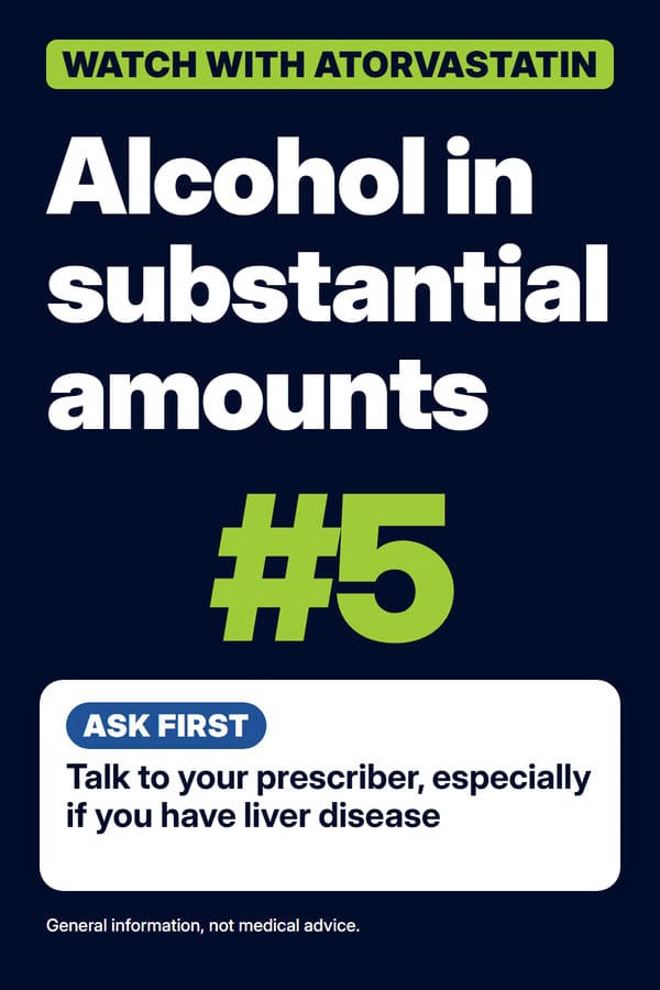 Navy pin titled alcohol in substantial amounts with a large green number 5 and the advice ask first, talk to your prescriber