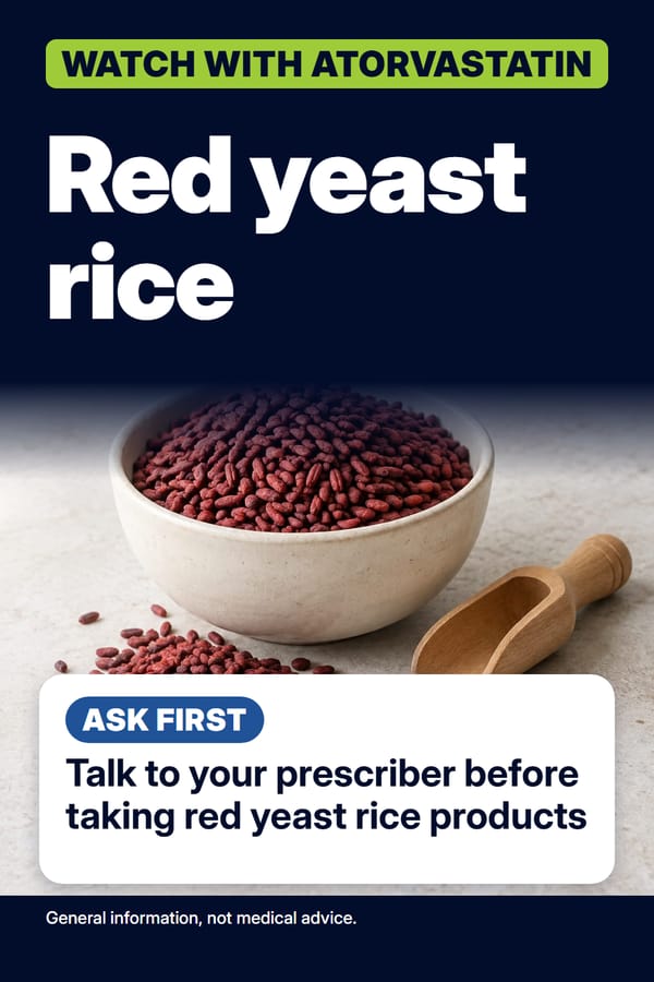 Pin titled red yeast rice with the advice ask first, over a ceramic bowl of red yeast rice grains and a small wooden scoop