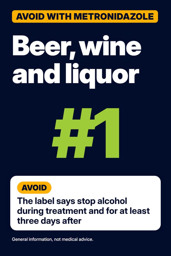 Navy pin titled beer, wine and liquor, a large green number 1 and the advice avoid on metronidazole and three days after