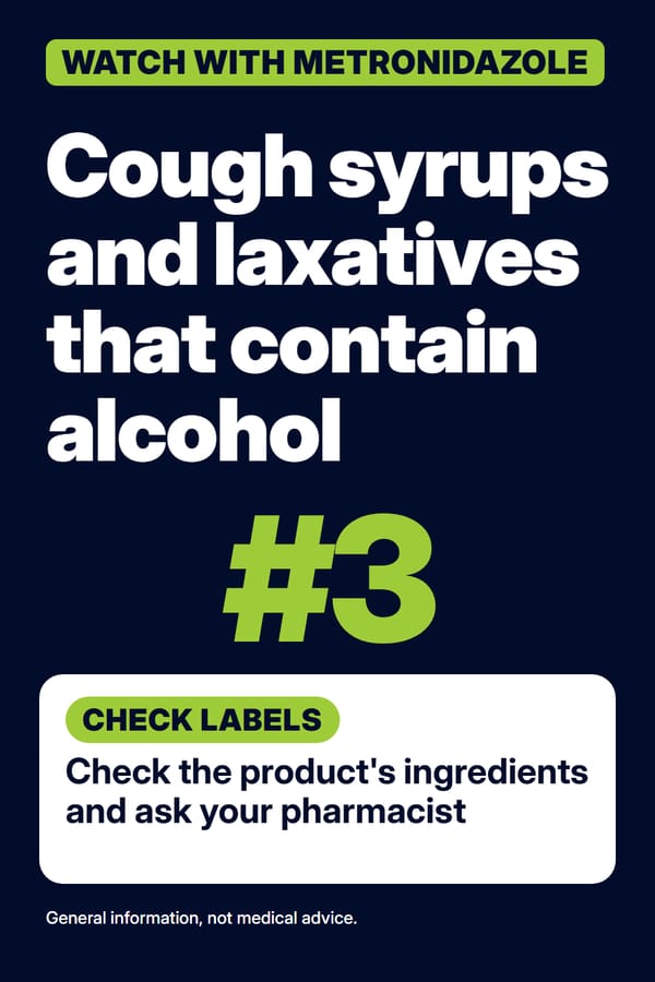 Navy pin titled cough syrups and laxatives with alcohol, a large green number 3 and the advice check the ingredients