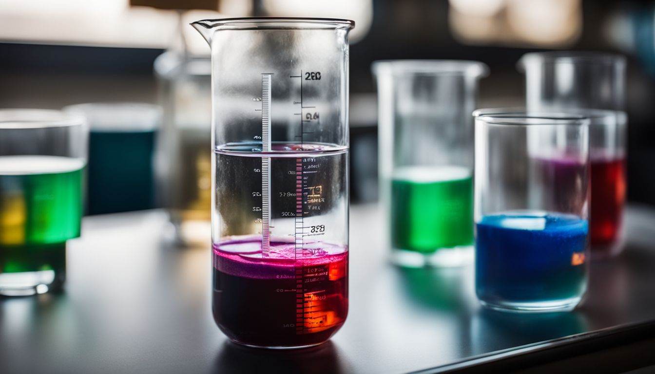 A colorful beaker with pH indicator strips in a science laboratory.