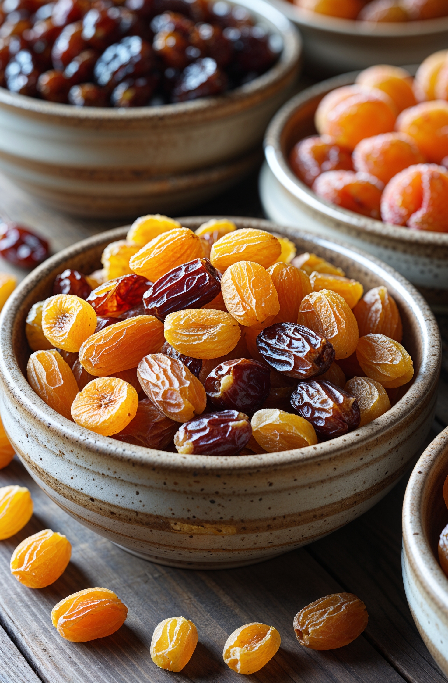 assorted dried fruits in rustic bowls