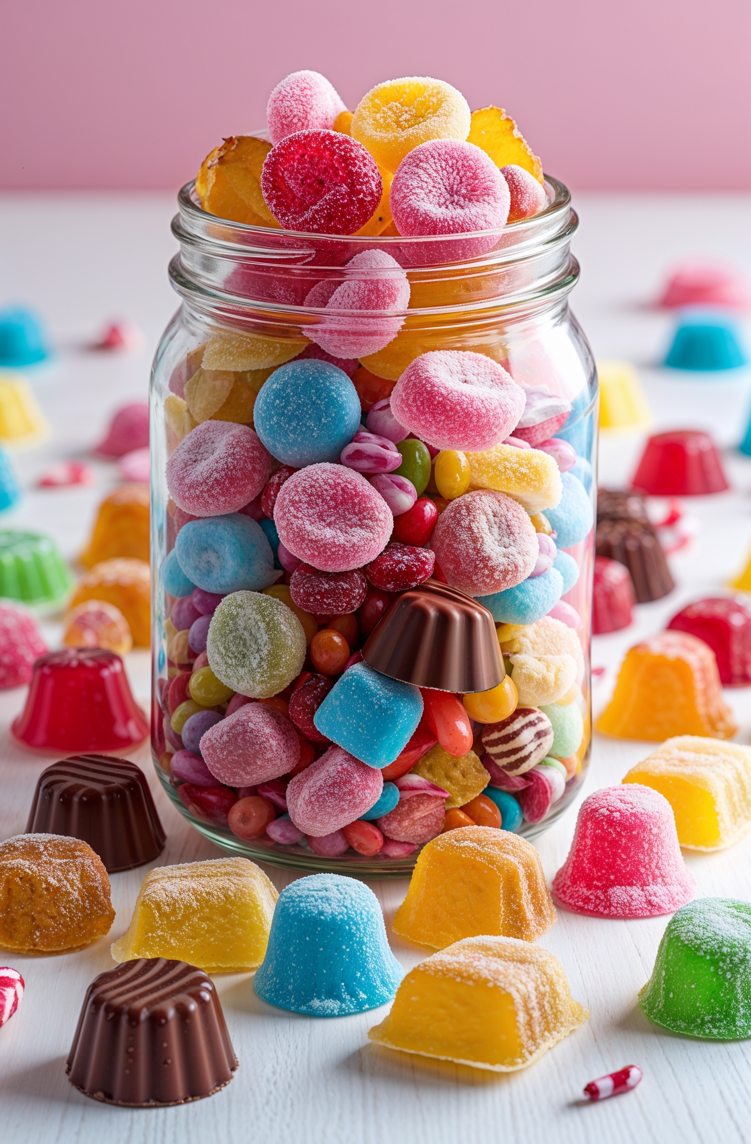 colorful candies and chocolates in a glass jar